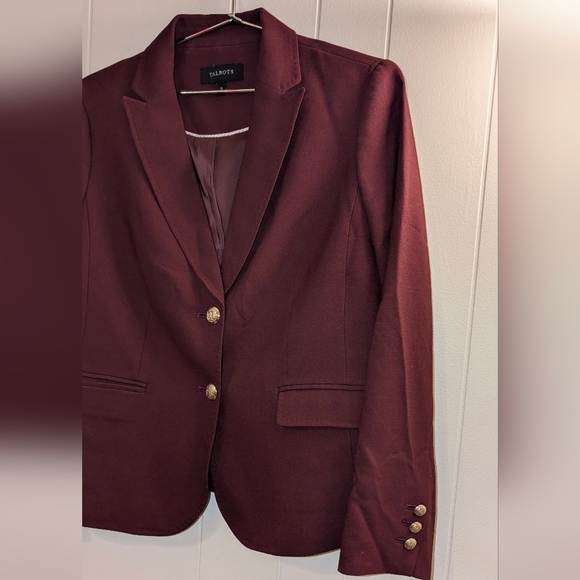 Talbots burgundy tailored blazer with gold crest buttons. - Picture 2 of 9